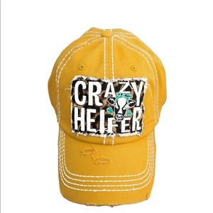 Women’s distressed ball cap “Crazy Heifer, yellow